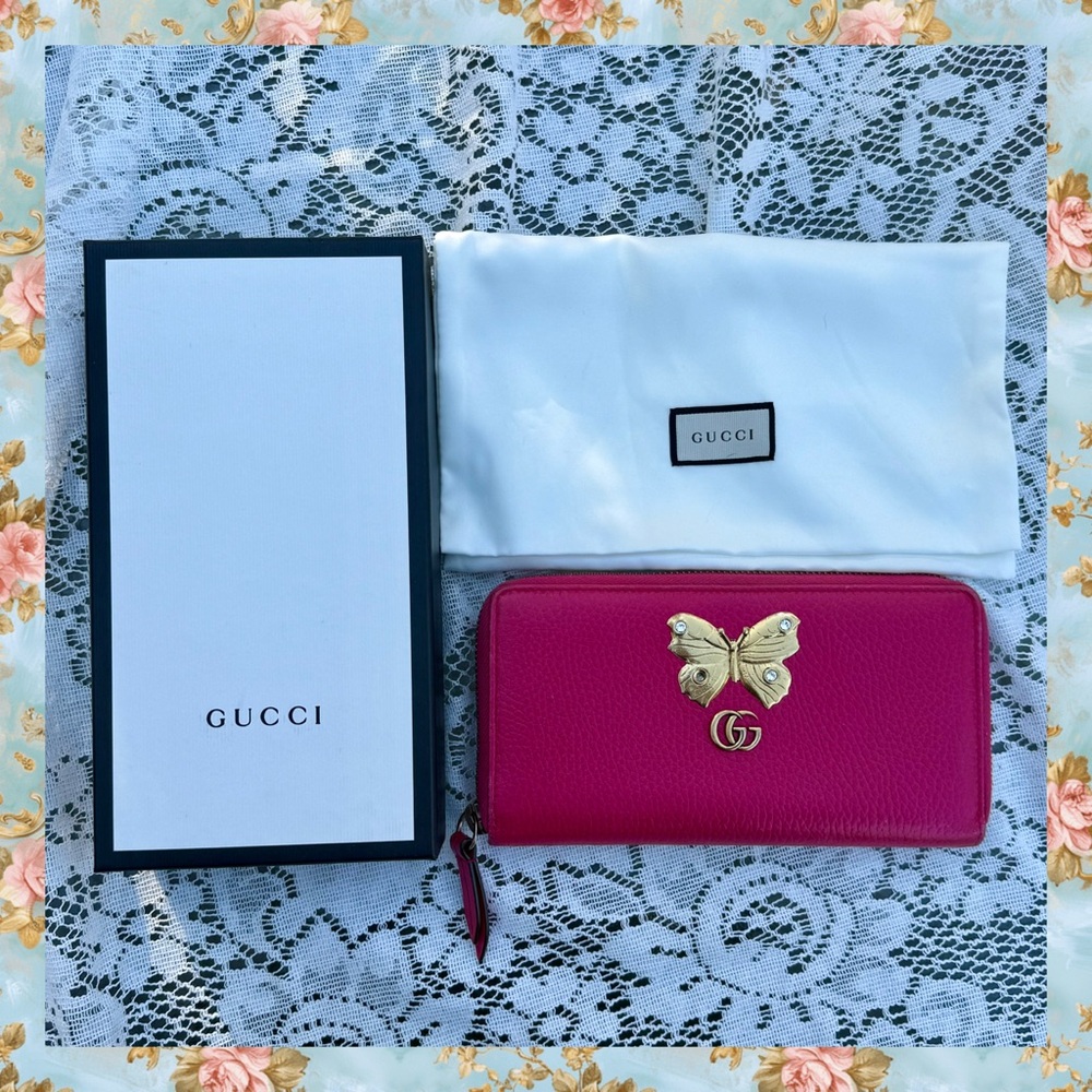 Gucci Fuchsia Wallet with Gold Butterfly Accent